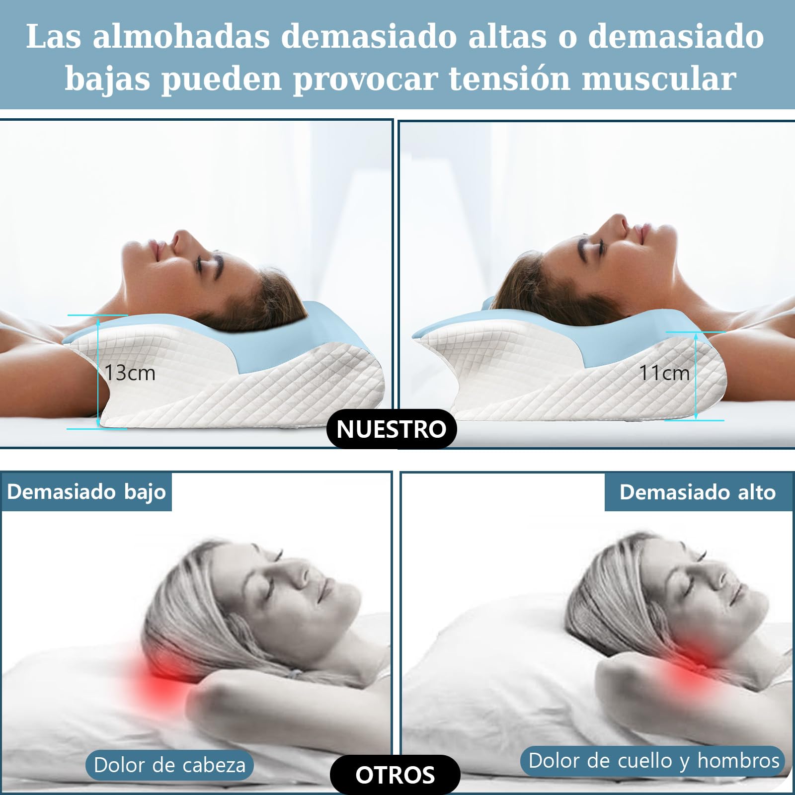GALASALA Almohada Memory Foam, Almohada Cervical para Aliviar el Dolor de Cuello, Almohada Ortopédica Ergonómica para Boca Arriba, Personas Que Dormir de Lado o Boca Abajo, con Fundas de Almohada