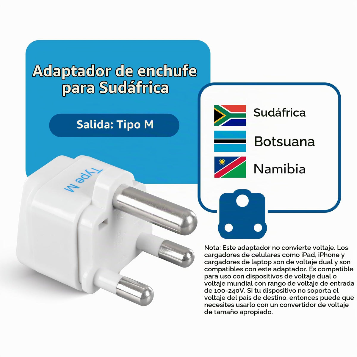Adaptador de Enchufe Ceptics Sudáfrica Tipo M Paquete de 3 Conectado a Tierra Universal