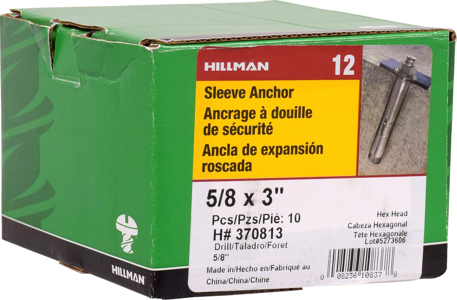 The Hillman Group 370813 Anclaje de manga de cabeza hexagonal, 5/8 x 3 pulgadas, paquete de 10
