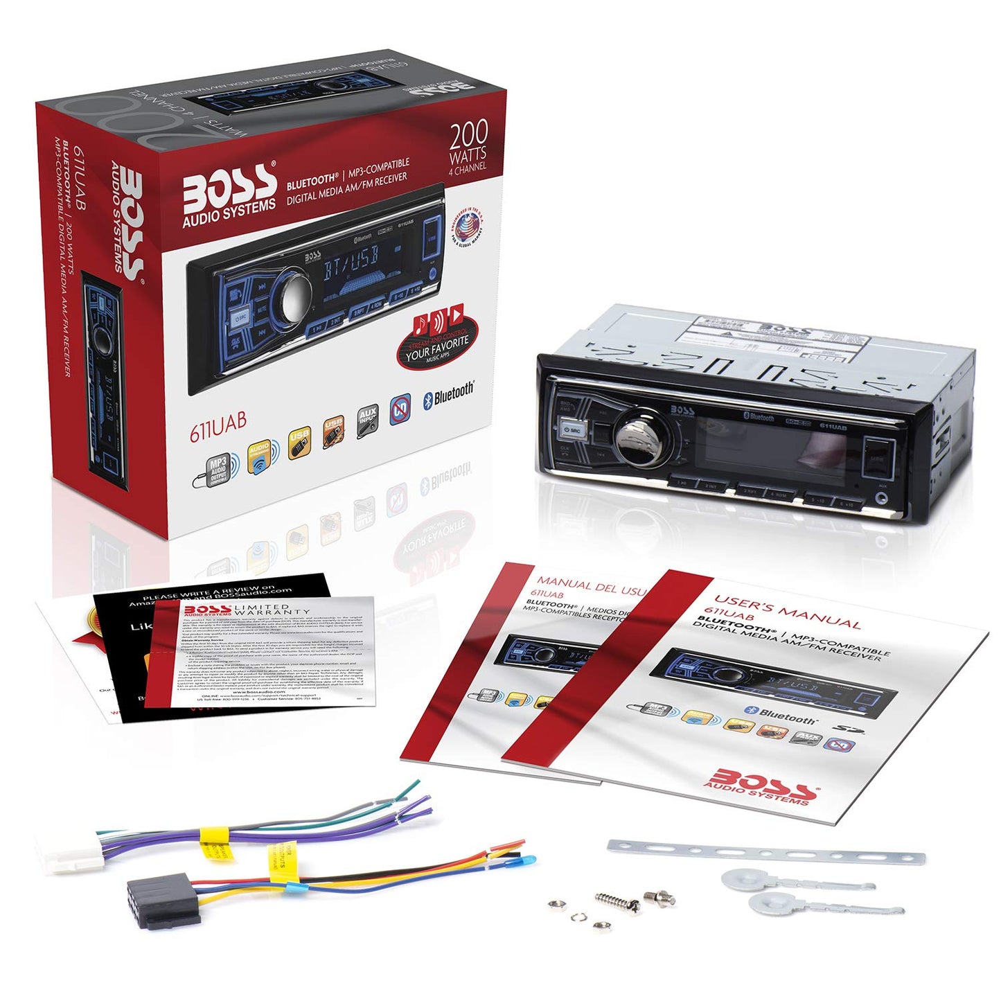 BOSS Audio Systems 611UAB Multimedia Car Stereo – Single Din, audio Bluetooth y llamadas manos libres, micrófono integrado, reproductor de MP3, sin reproductor de CD/DVD, puerto USB, entrada AUX, receptor de radio AM/FM