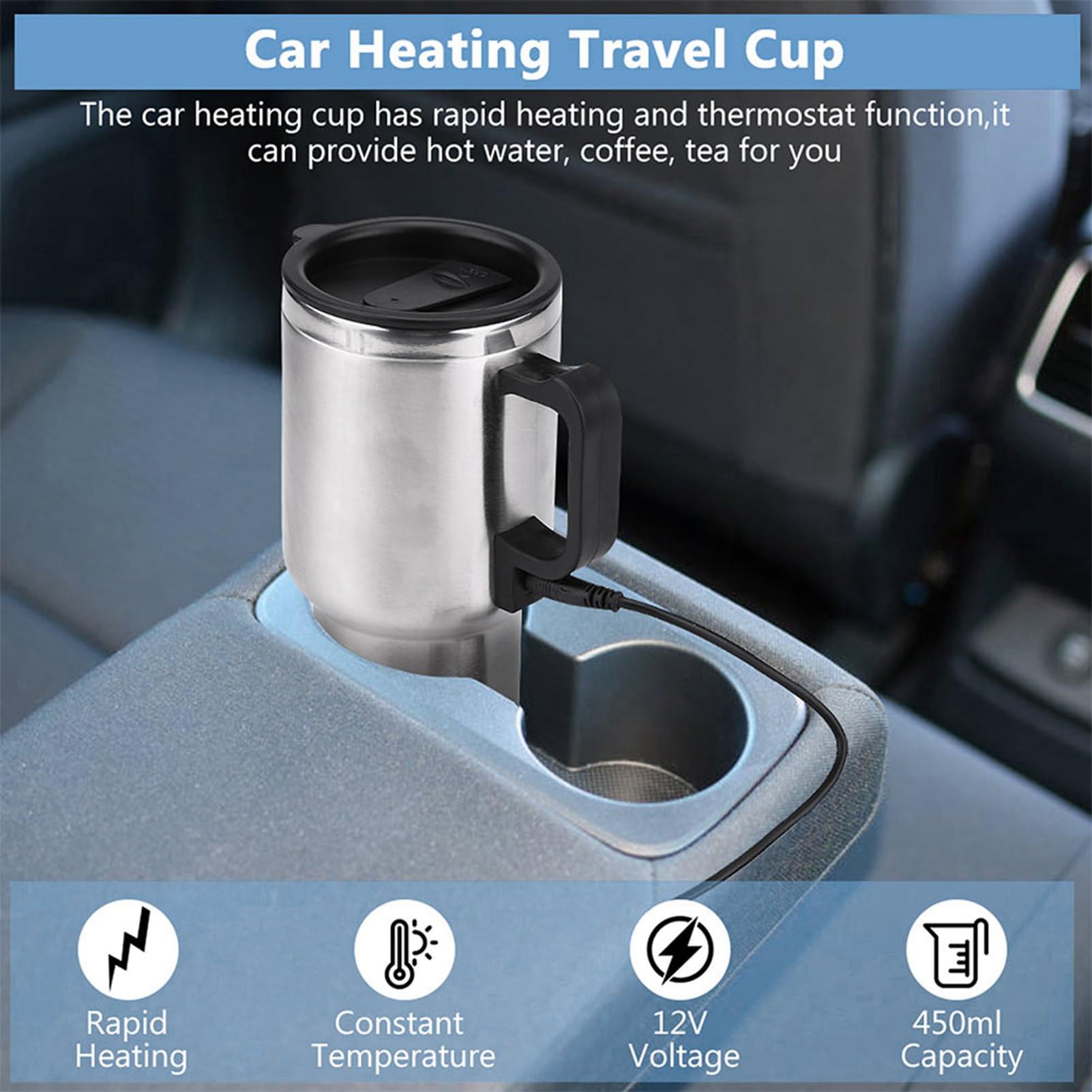 Calentador de Taza para Coche, 450ml Acero Inoxidable Con Cable Encendedor 12V, Taza Aislante Térmica Con Termostato para Casa y Viajes al Aire Libre