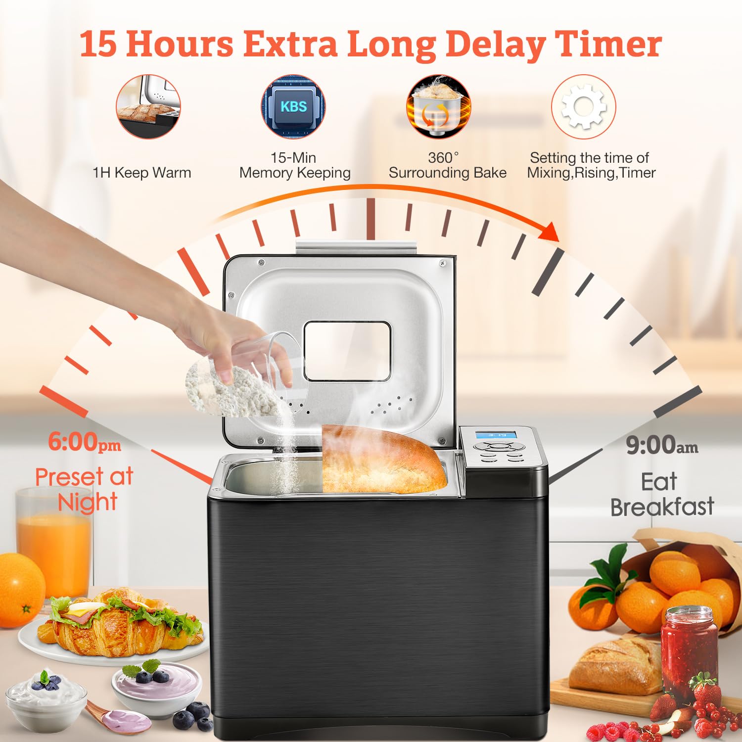 KBS Máquina de pan de 2 libras, máquina de pan automática 19 en 1 de acero inoxidable con sartén de cerámica, temporizador de 15 horas y 1 hora para mantener caliente, masa madre, sin gluten, máquina