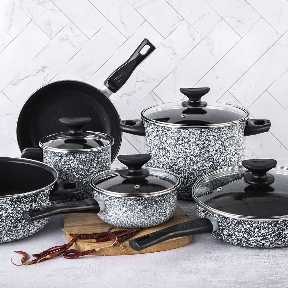Cinsa Batería de cocina Granito Blanco con Negro 10 piezas, Peltre pesado con antiadherente, Tapas de vidrio templado. (Blanco con negro)