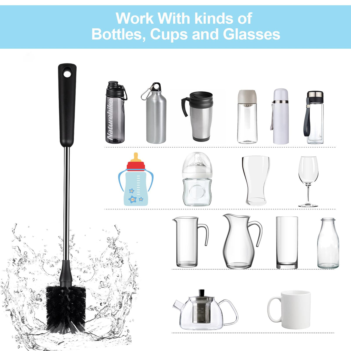 Paquete de 4 cepillos para botellas de agua y pajilla, cepillo para polvo de limpieza para biberones de acero inoxidable de mango largo para biberones deportivos, tazas, platos, tazas de café,