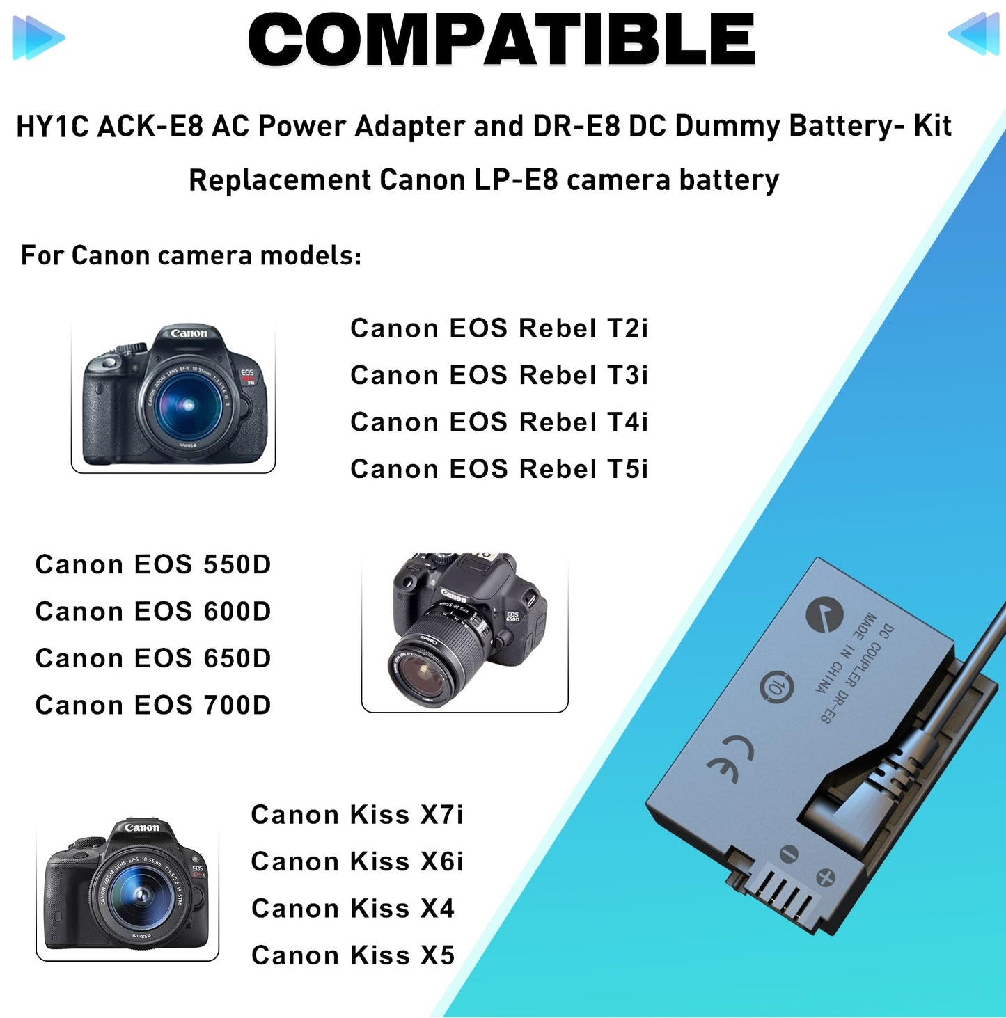 HY1C ACK-E8 Adaptador de corriente CA DR-E8 Acoplador DC Kit de batería simulada