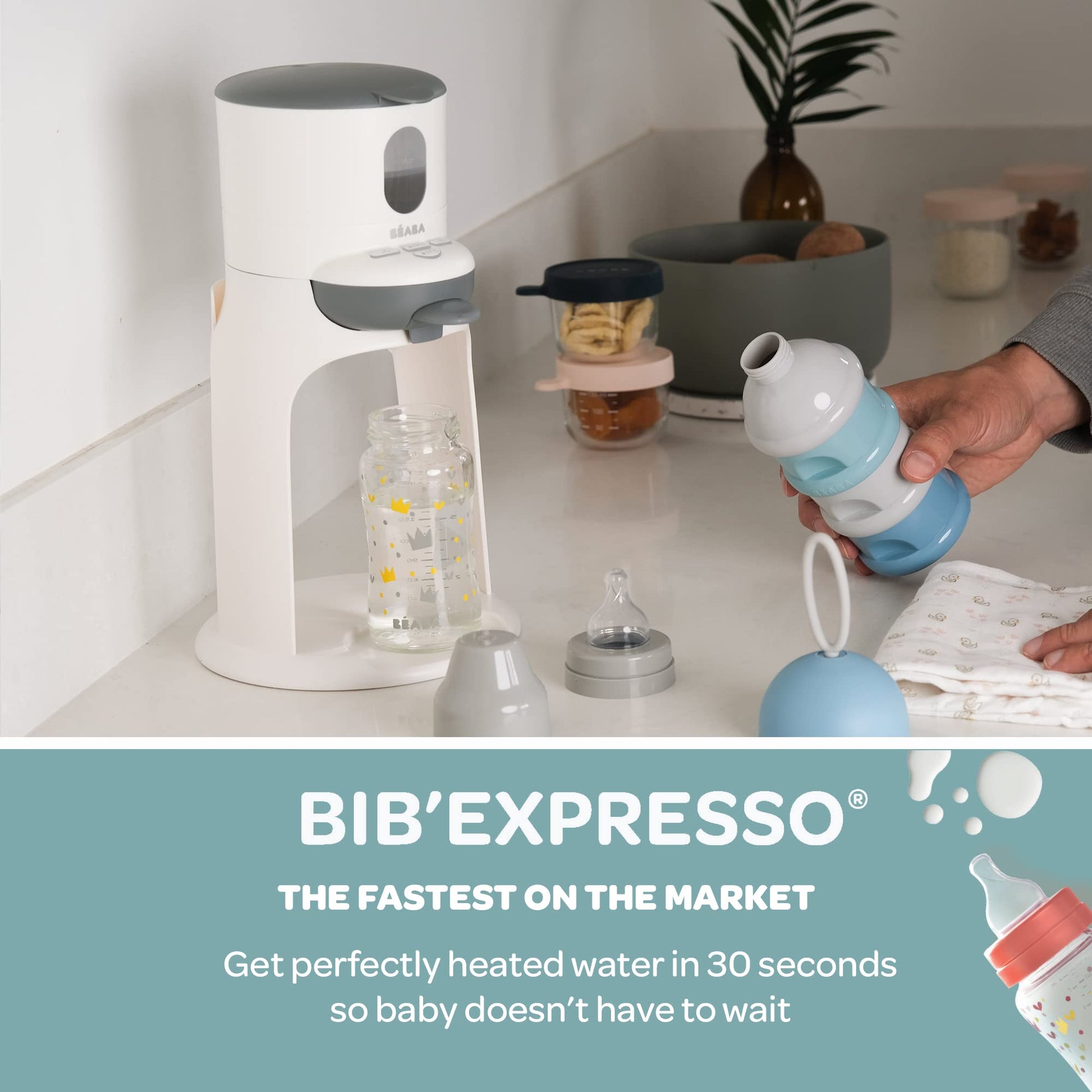 BEABA Bib'Expresso Calentador de agua rápido, Prepara biberón para fórmula en 30 segundos, Dispensador de agua de calentamiento rápido para biberón, Calentador de biberón y comida para bebés, Calentador de leche de fórmula, Calentador de biberones, Midnig
