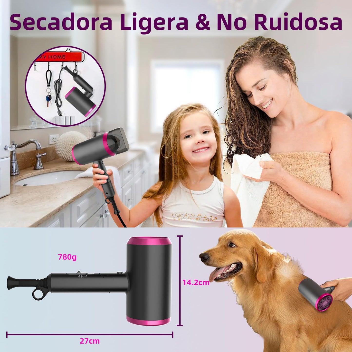 Secador de Pelo Ionico,Lostrain Secadora Para Cabello Plegable 1800W 3 Temperaturas 1.8M Cable,Secadora con Difusor y Concentrador 20 Millones De Iones Negativos Para Viaje Salón