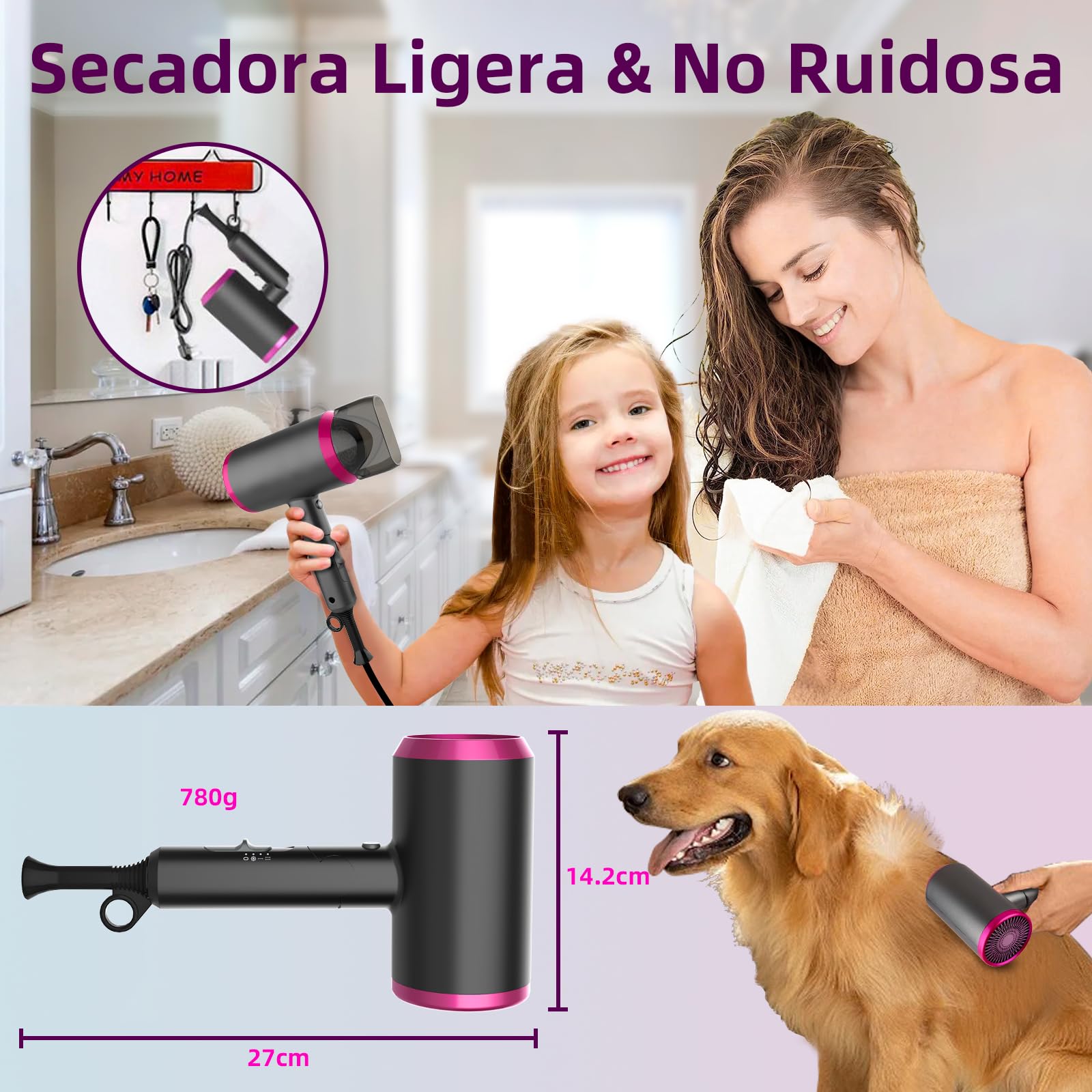 Secador de Pelo Ionico,Lostrain Secadora Para Cabello Plegable 1800W 3 Temperaturas 1.8M Cable,Secadora con Difusor y Concentrador 20 Millones De Iones Negativos Para Viaje Salón