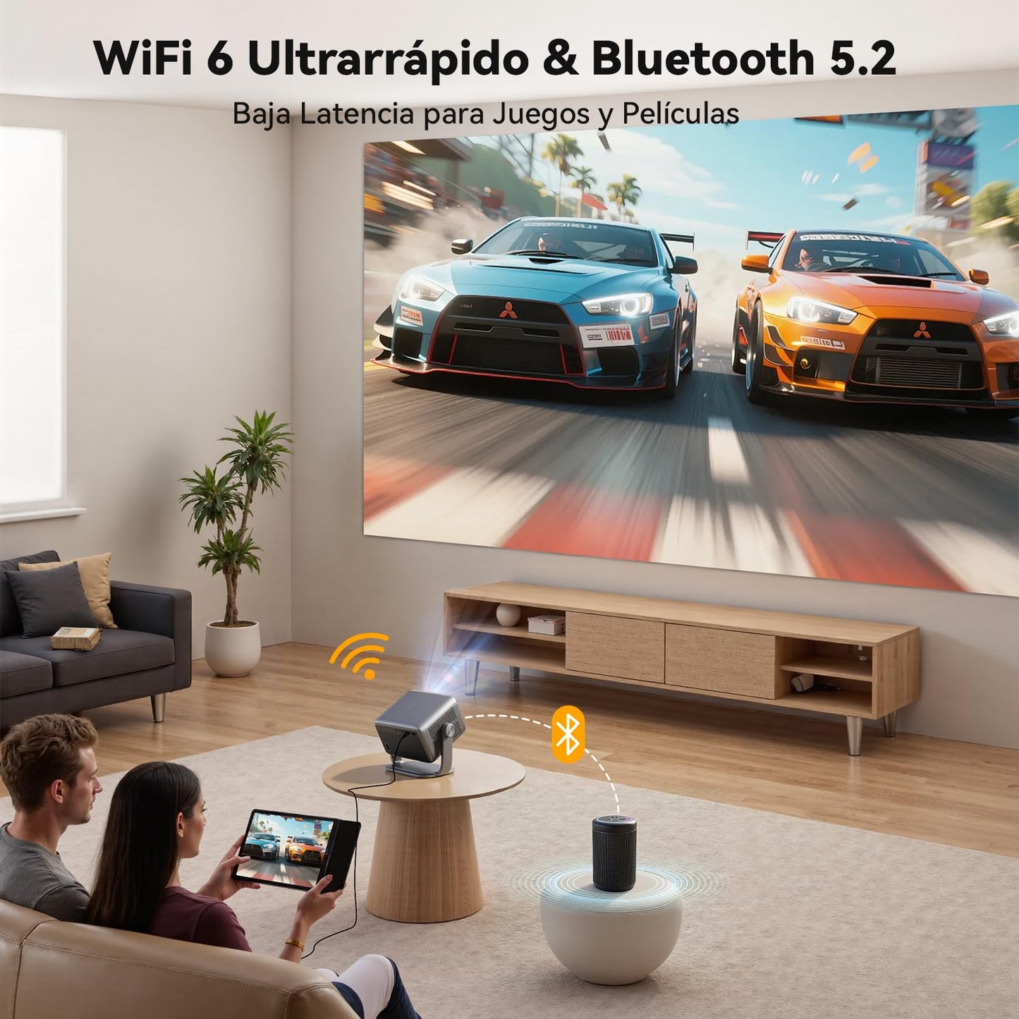 VUEKIME 2026 Proyector Portátil con Android 13, Proyector 4K Soporte y 1080P Nativo con WiFi 6 y Bluetooth 5.2, 500 ANSI, Auto Enfoque/Keystone, Rotación 270°