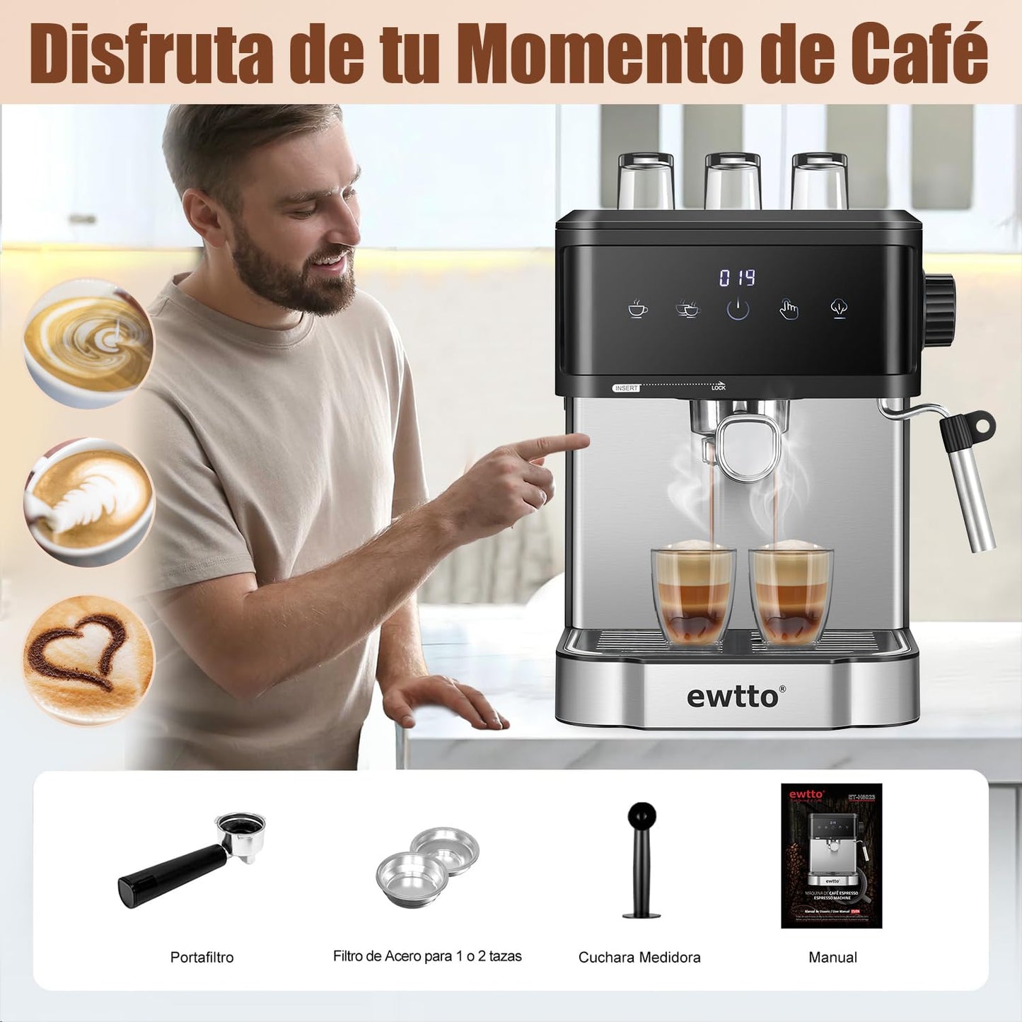 Cafetera Automática de Espresso，Cafetera Espresso y Cappuccino con Espumador de Leche, Pantalla Táctil Máquina de Café Profesional de Capuchinos Mocha y Latte, 1.7L, 20 Bares, 850W
