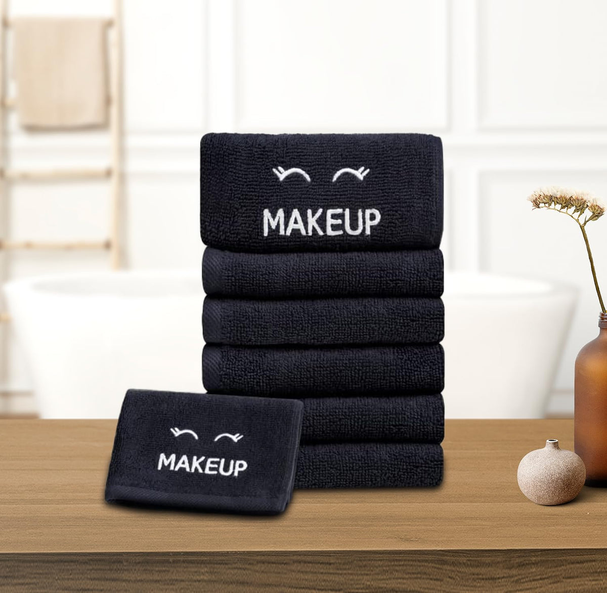 Toallitas de maquillaje negras clásicas blancas para limpieza facial, paquete de 12 toallas de maquillaje negras de algodón súper suaves y de lujo, altamente absorbentes y de secado rápido, todos los