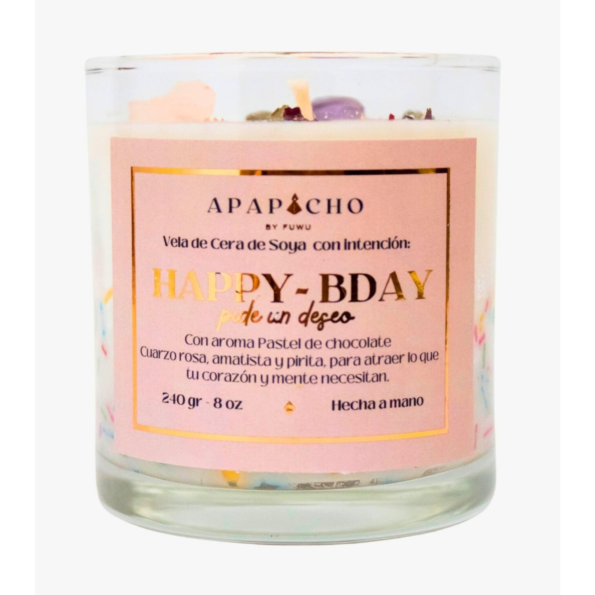 Fuwu, velas aromaticas relajantes Happy Birthday cera de soya con cuarzos naturales, velas decorativas hechas a mano con hierbas, aromatizantes para hogar, regalos de cumpleaños (Pastel de chocolate)