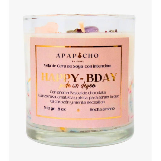 Fuwu, velas aromaticas relajantes Happy Birthday cera de soya con cuarzos naturales, velas decorativas hechas a mano con hierbas, aromatizantes para hogar, regalos de cumpleaños (Pastel de chocolate)