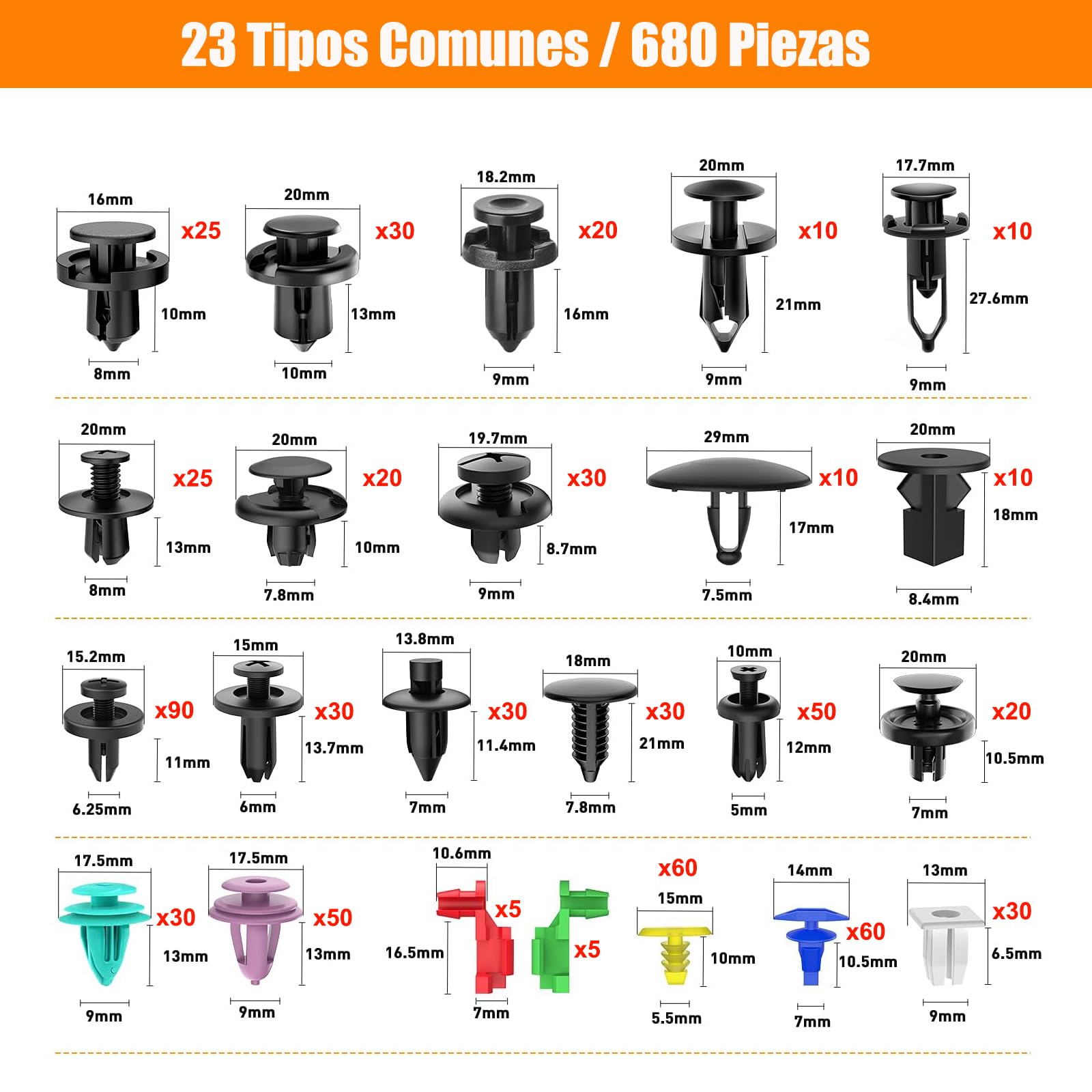 Kit de Grapas Automotrices Universal 725 Piezas con Removedor de Sujetadores 23 Tamaños