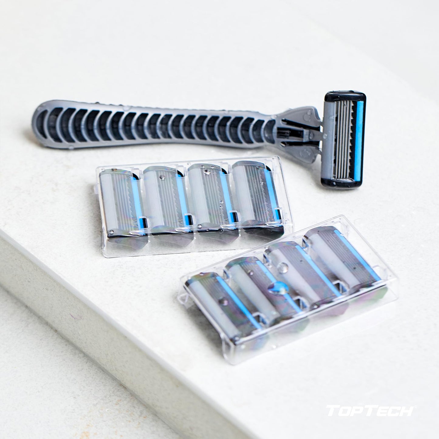 TopTech PRO 5 Rastrillo para Afeitar Hombre Reutilizable - Afeitadora Manual con Cartuchos Reemplazables - Tecnología de 5 Cuchillas - Pack de 9 Unidades (1 Mango + 8 Recambios) - Afeitado Suave y Cuchillas Afiladas - Recambios Económicos