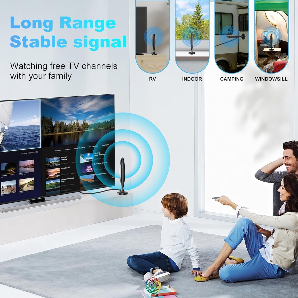Antena Digital de TV para Smart TV con Recepción de Largo Alcance y Protección contra Sobretensiones y Rayos en Negro