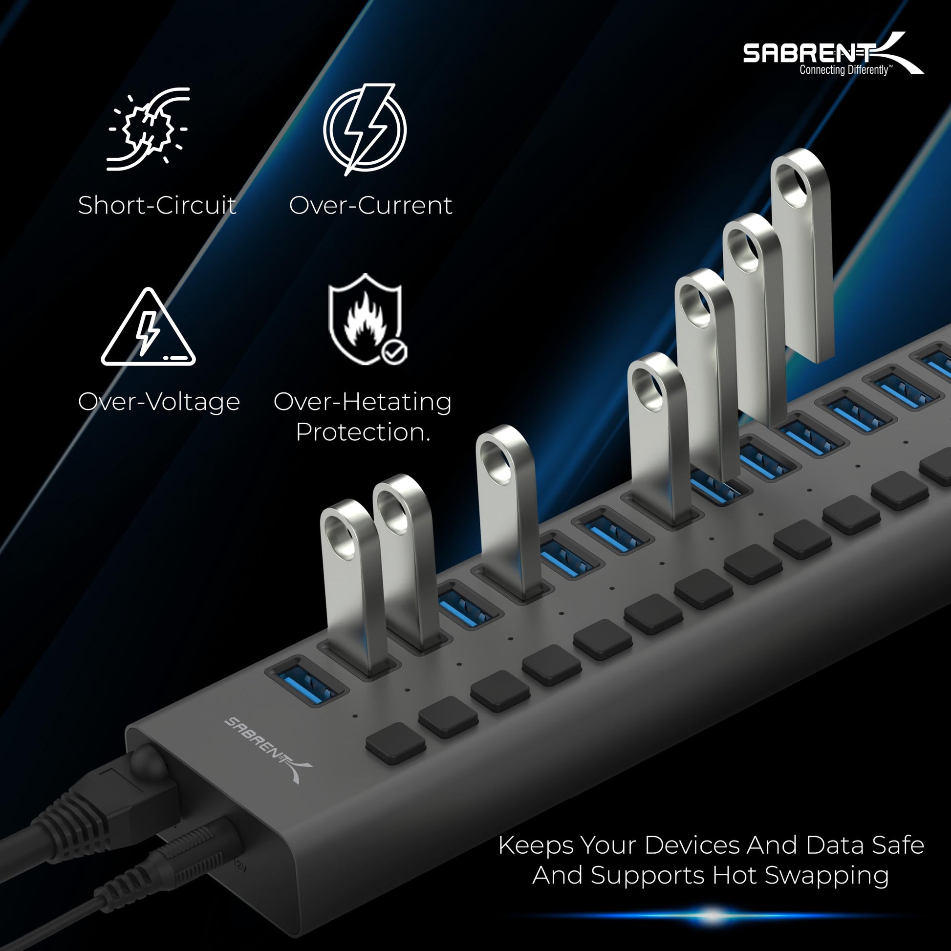 Hub USB 3.0 de 16 Puertos Sabrent Negro con Cargador y Interruptores Individuales