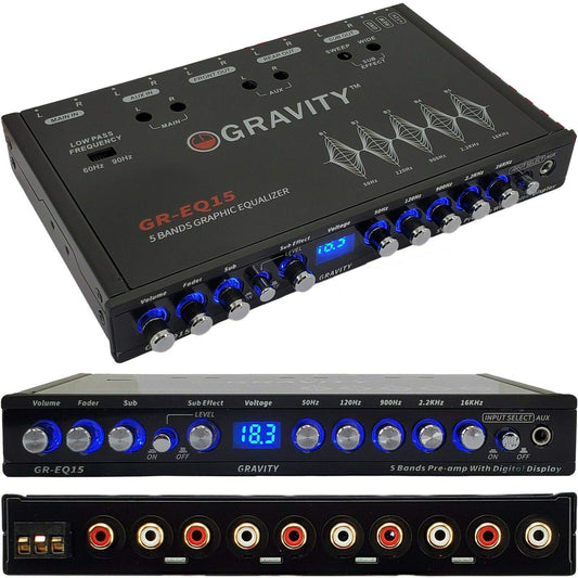 Gravity EQ15 1/2 DIN Cinco bandas de ecualización de audio para coche EQ frontal, control de volumen trasero + maestro con hasta 9 voltios RMS de salida/tres salidas RCA estéreo