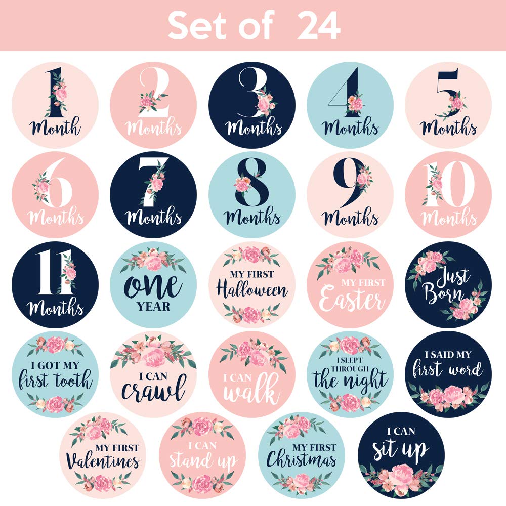 Pegatinas mensuales para bebé, juego de 24 unidades, calcomanías florales para bebé niña, perfectas para niñas recién nacidas, hitos de mes a mes, diseño floral rosa, azul marino y verde azulado