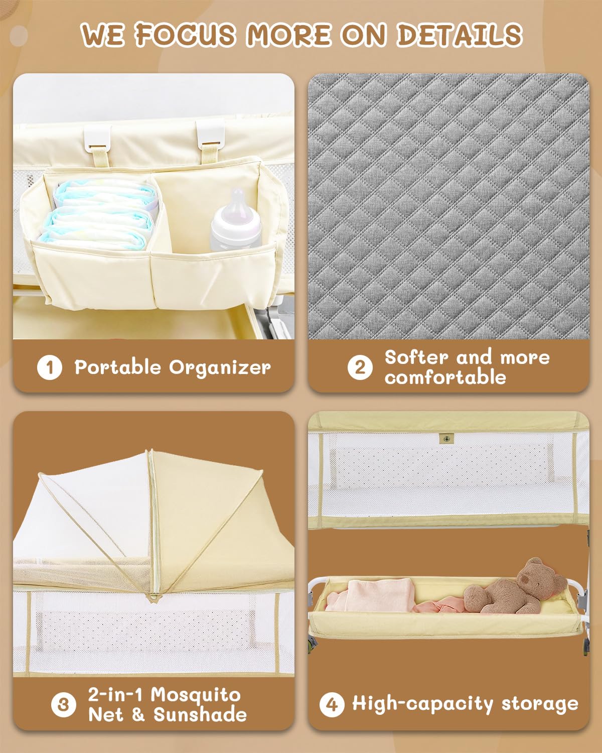 Leoavetole - Moisés de cama para bebé, cuna 4 en 1 con ruedas, cuna ajustable de 6 altura con malla transpirable para recién nacidos y bebés (beige profundo)