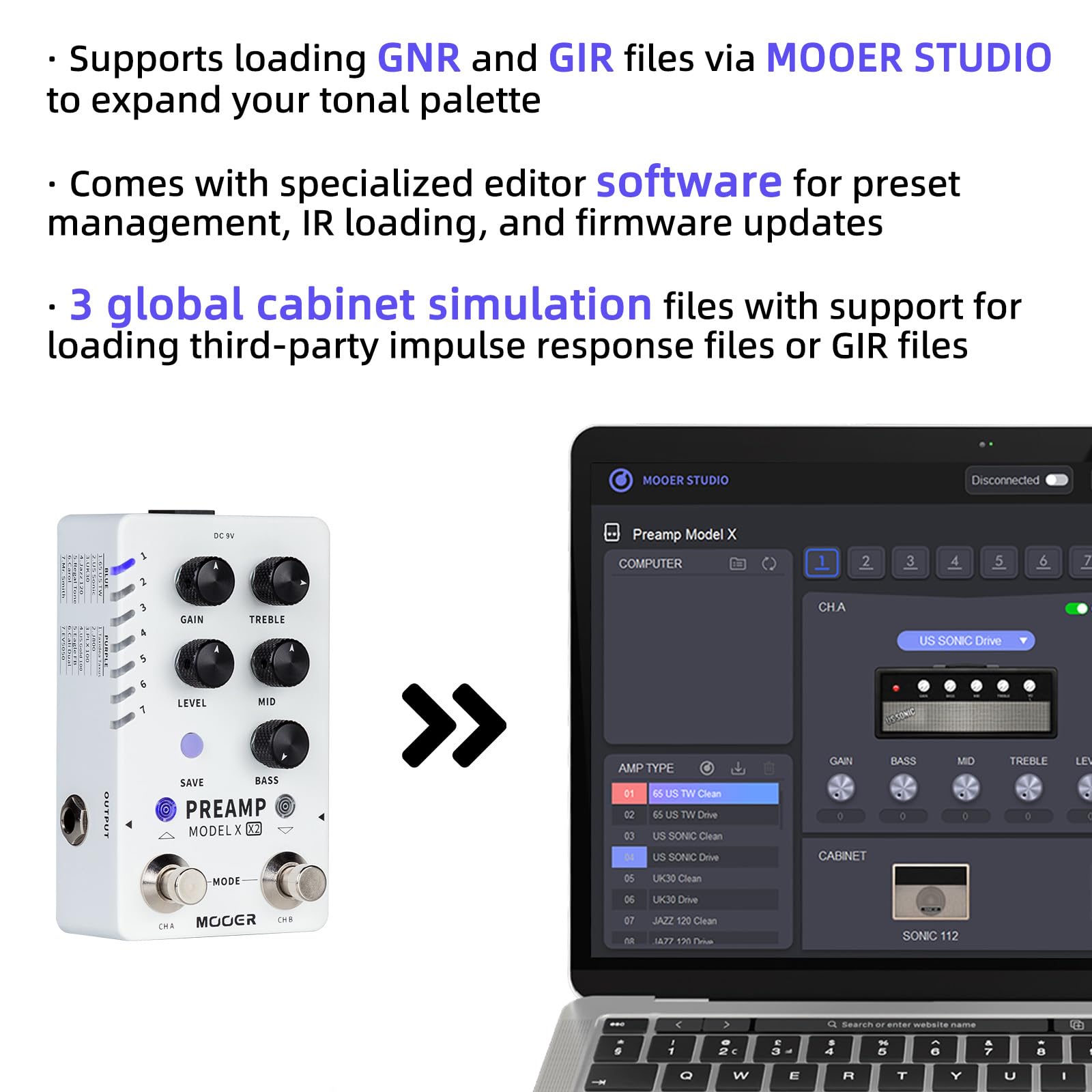 Pedal de Preamplificador MOOER Preamp Model X Negro con Doble Canal y 14 Ranuras Preestablecidas para Hombre