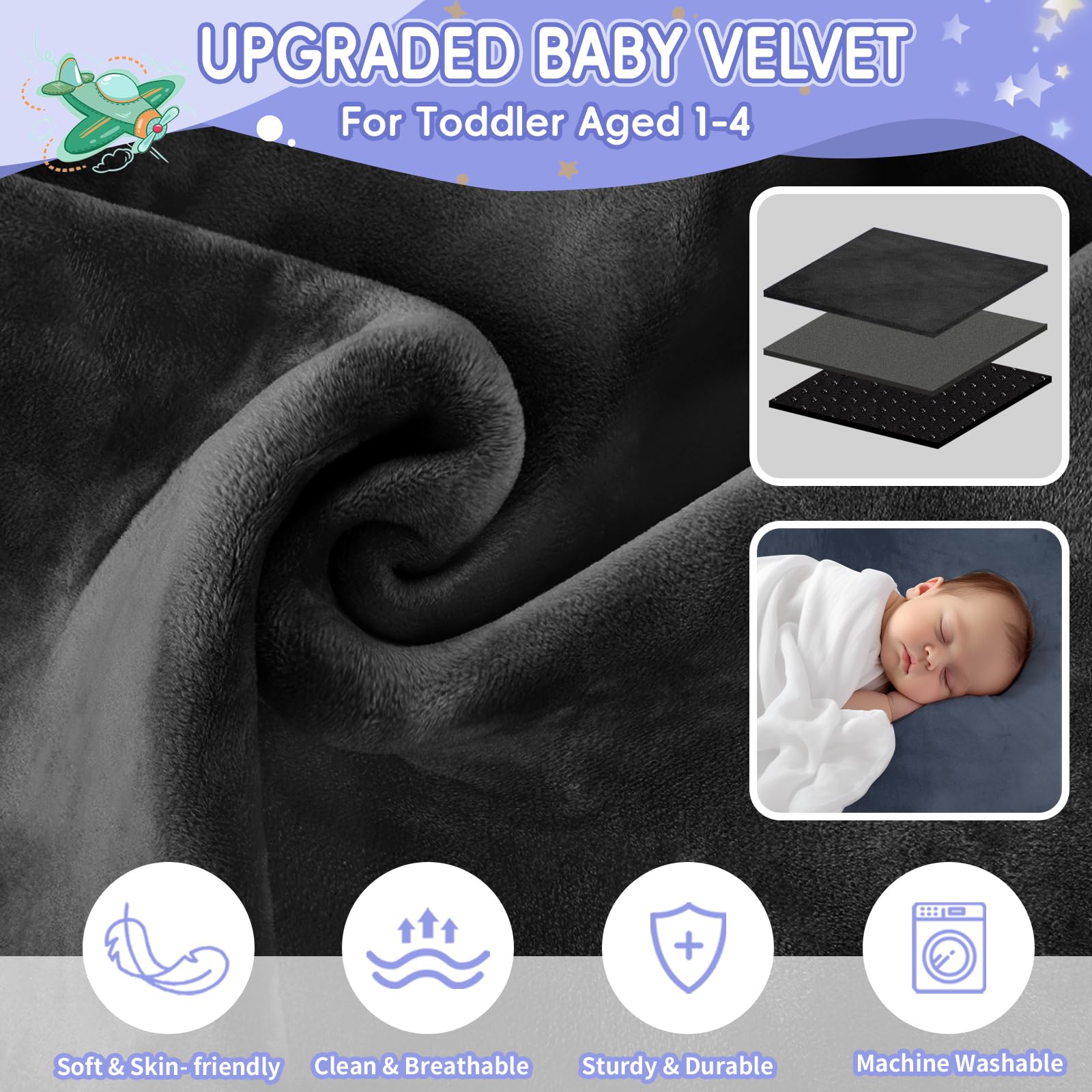GoCozy - Cama de avión para niños, artículos esenciales de viaje para niños, artículos esenciales de viaje para avión con libro de pegatinas, color negro