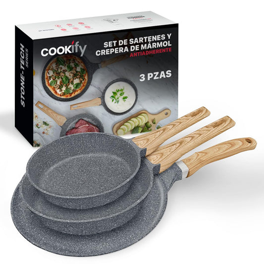 Cookify Set de 3 piezas (Sarten 20 y 24 cm y Crepera 28 cm) Antiadherente de Mármol (Gris)