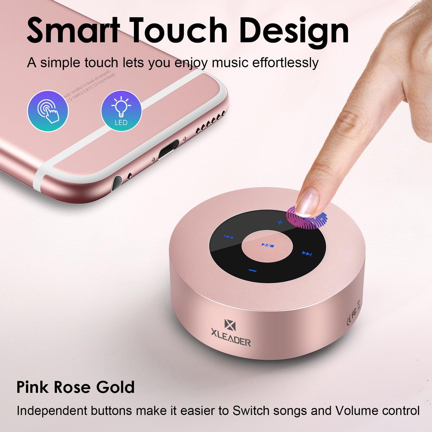 [LED Touch Design] Bluetooth Speaker, XLeader Portable Speaker with HD Sound/12-Hour Playtime/Bluetooth 4.1/Micro SD Support, for iphone/ipad/Tablet/Laptop/Echo dot (Rose gold)