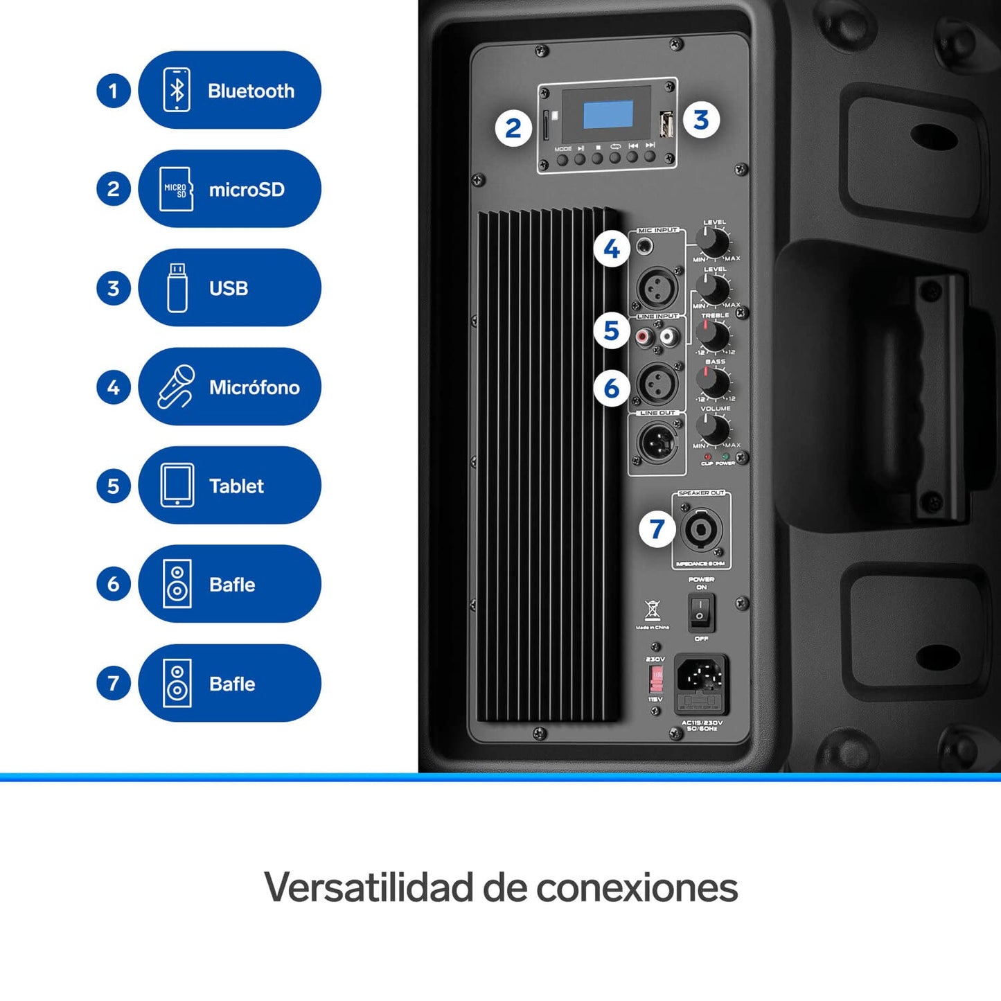 STEREN BAF-1255BT Bafle 12" 2300 WPMPO Bluetooth, woofer y Tweeter, MP3 por microSD o USB, AUX RCA, 6,3 mm para Mic, Crossover, Salida Speakon, Ruedas y agarraderas, Orificio para Colocar en Pedestal