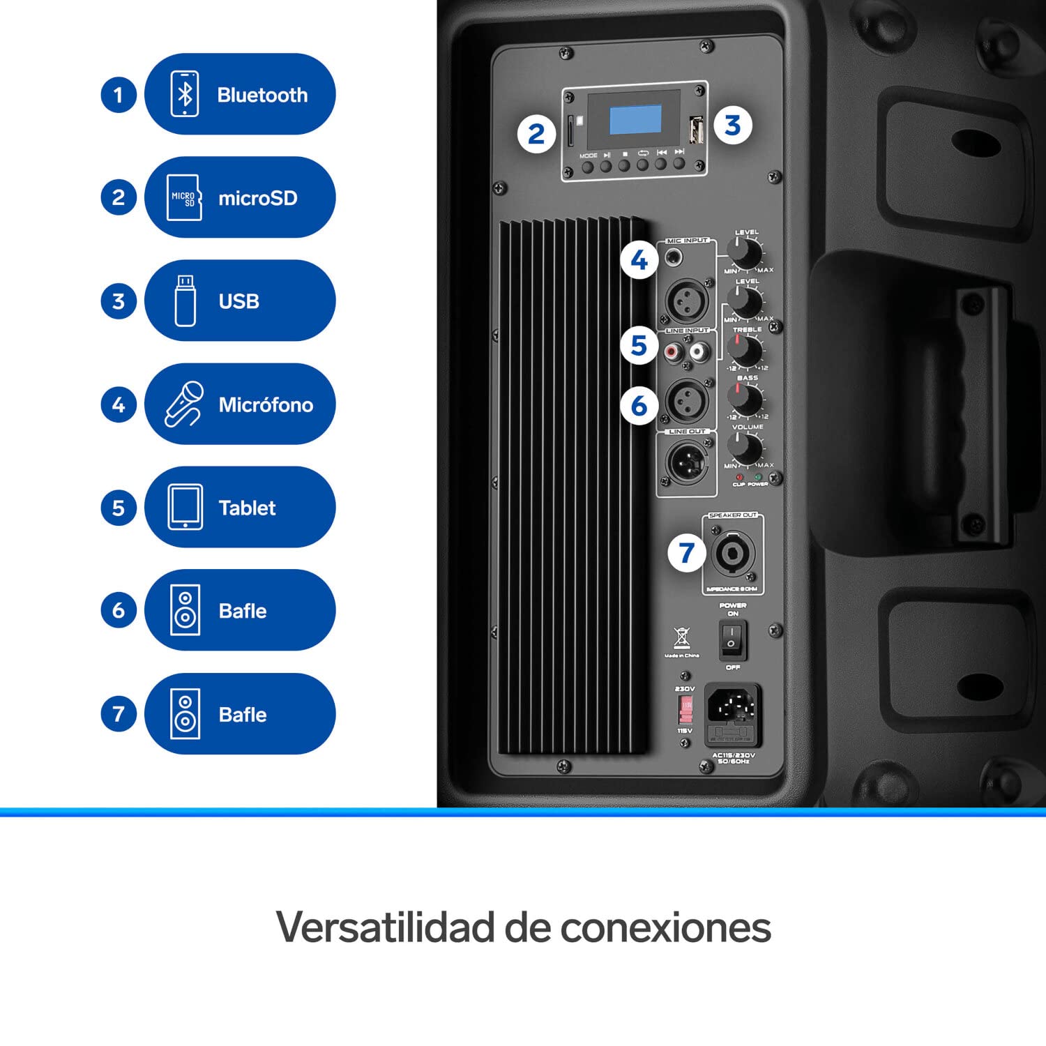 STEREN BAF-1255BT Bafle 12" 2300 WPMPO Bluetooth, woofer y Tweeter, MP3 por microSD o USB, AUX RCA, 6,3 mm para Mic, Crossover, Salida Speakon, Ruedas y agarraderas, Orificio para Colocar en Pedestal