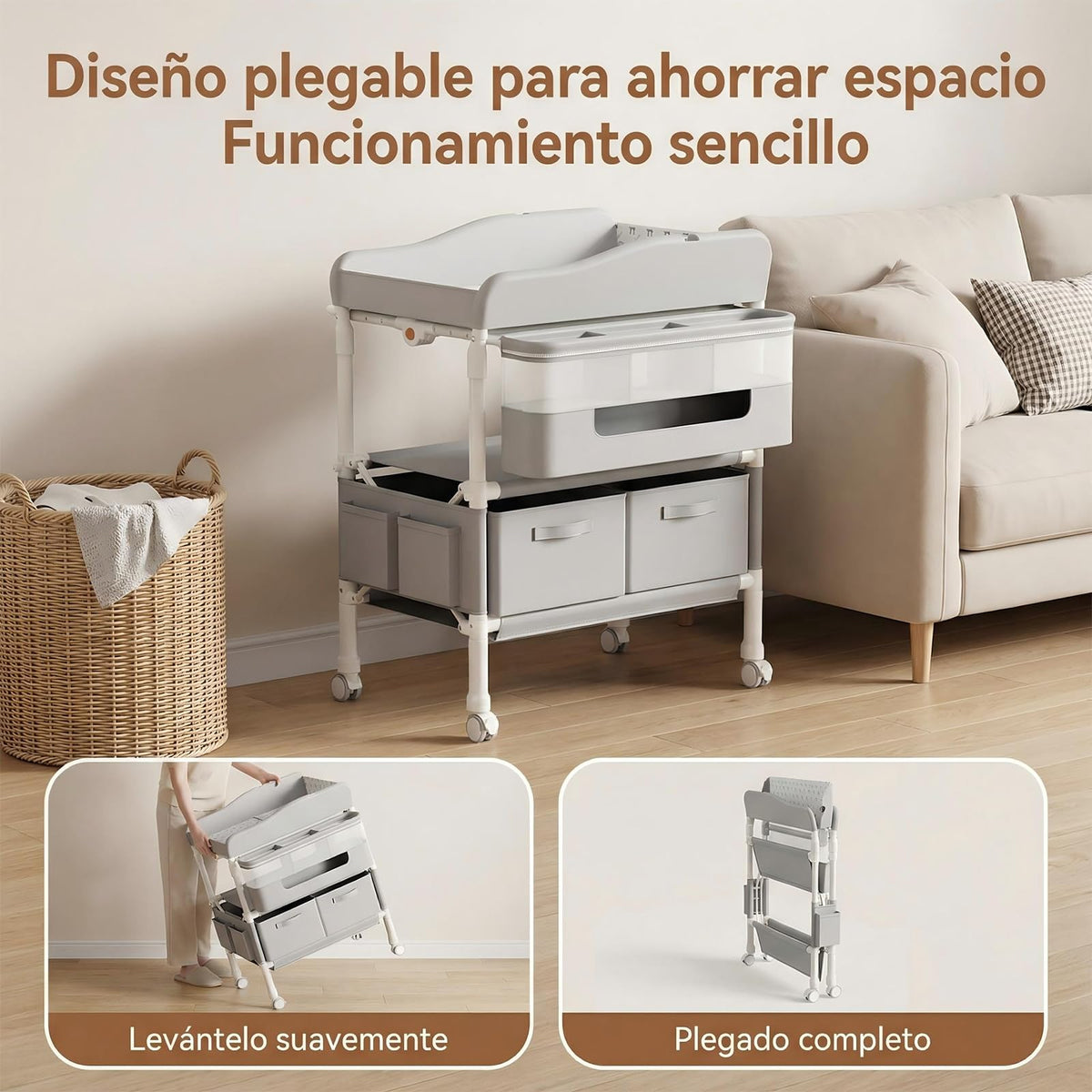 Mueble Cambiador para Bebe, Cambiador de Pañales para Bebe Plegable, Altura Regulable,con 2 Cajones,Ruedas y Cinturón de Seguridad, Cambiador para Bebe Impermeable para Recién Nacidos a Niños Pequeños