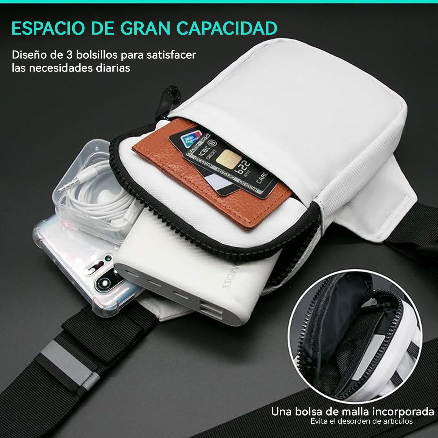 CXJYSD Mini Bolso Cruzado En El Pecho,Para Hombre Y Mujer Con Bolsillos Dobles,Riñonera Impermeable Con Manos Libres,Adecuado Para Deportes Al Aire Libre,Correr Y Viajar (Blanco-01)