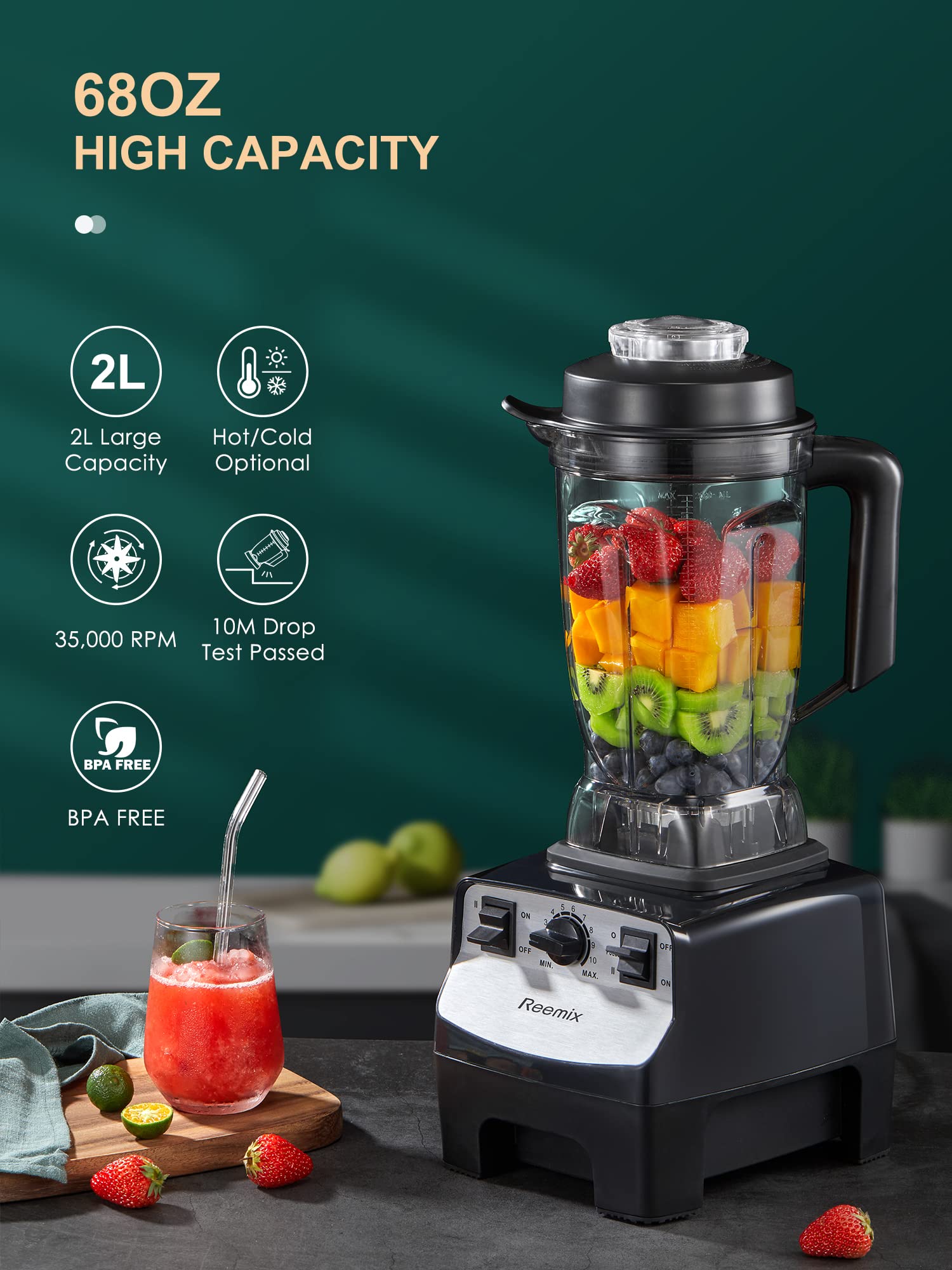 Licuadora Profesional Reemix Negra Alta Velocidad 1450 W con Contenedor Tritan y 10 Velocidades para Cocina