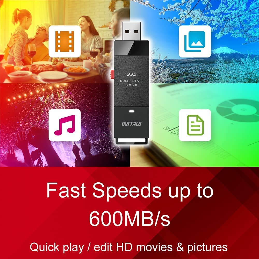 BUFFALO SSD Externo de 2 TB - hasta 600 MB/s - USB-C - USB-A - USB 3.2 Gen 2 (Compatible con PS4 / PS5 / Windows/Mac) - Unidad Externa de Estado sólido - SSD-PUT2.0U3B