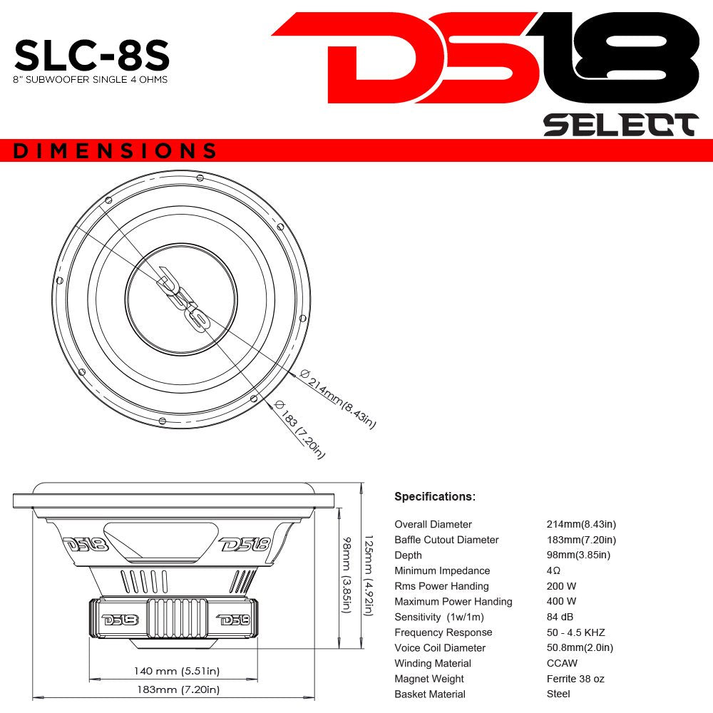 DS18 SLC8S Car Subwoofer Audio Speaker - 8" in. Paper Glass Fiber Cone, Black Steel Basket, Single Voice Coil 4 Ohm Impedance, 400W MAX Power and Foam Surround for Vehicle Stereo Sound System