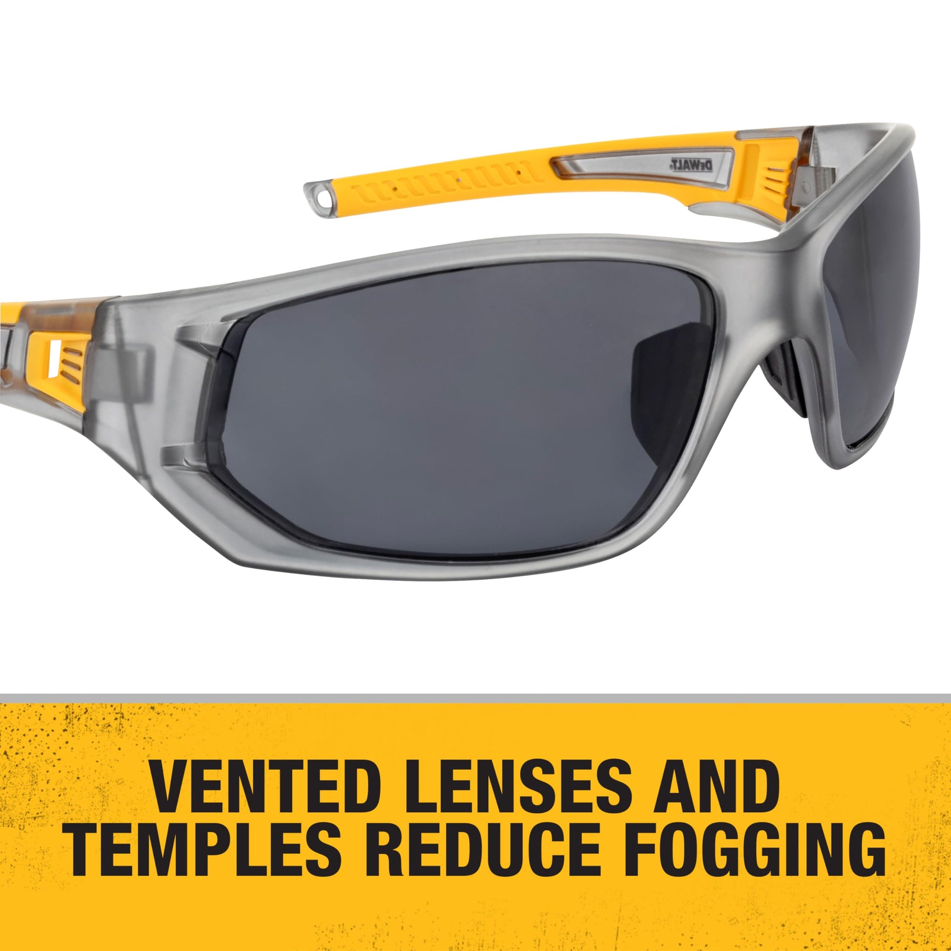DEWALT DPG112-2D Miter™ anteojos de seguridad antideslizantes con ventilación premium – Lente ahumada – Marco y lentes ventilados – Patillas de goma y pieza nasal – 1 par