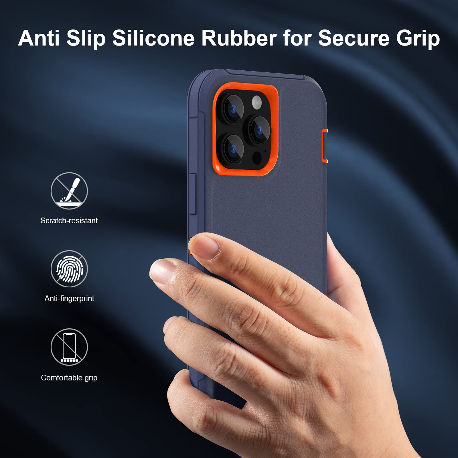 Sansunto - Funda compatible con iPhone 13 Pro Max, iPhone 12 Pro Max de 3 capas de cuerpo completo, armadura híbrida, resistente, duradera, resistente para hombres y mujeres. (Azul marino/naranja)