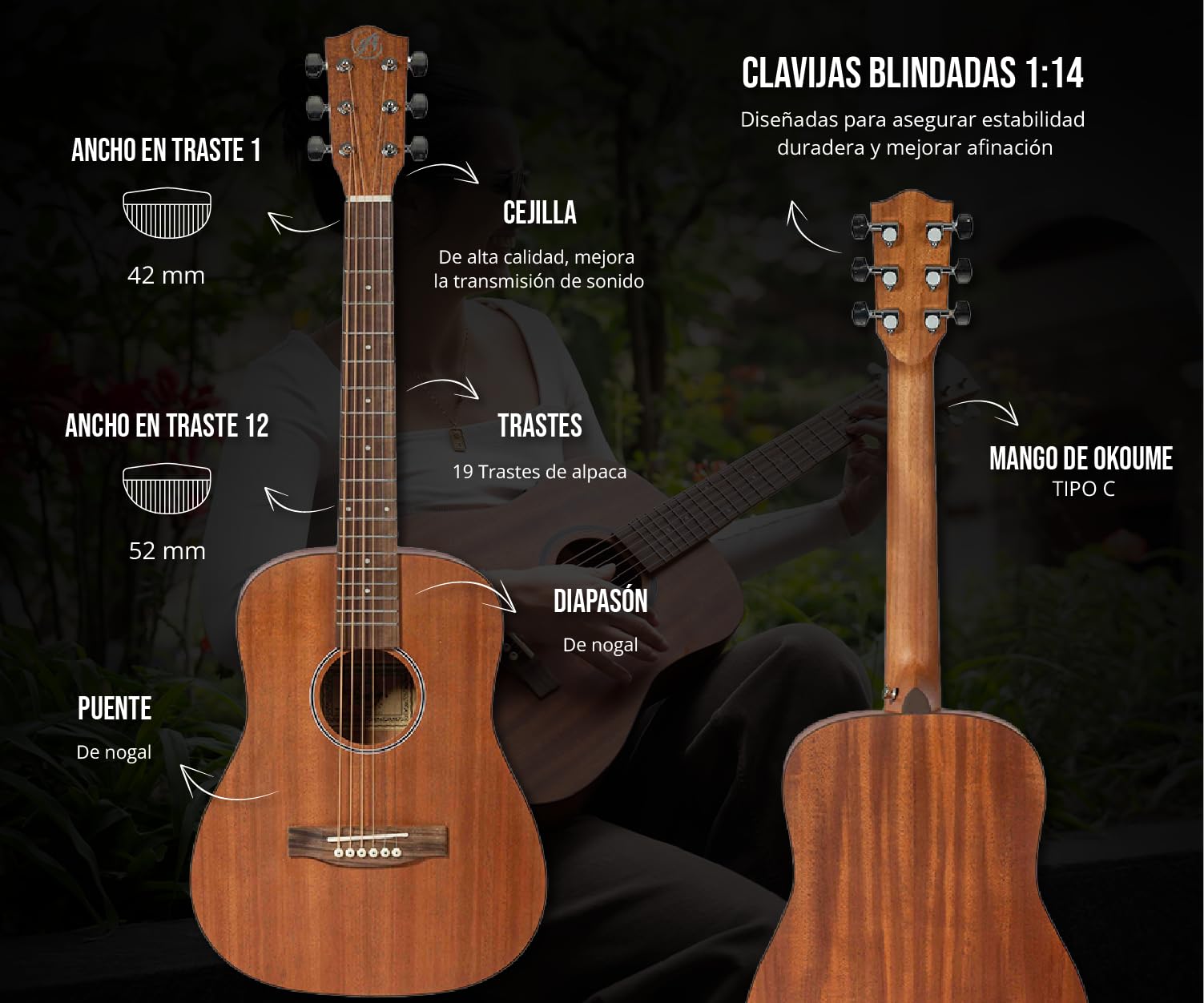 BAMBOO, Guitarra Acustica Travel Mahogany, Tamaño 1/2, para principiantes, adultos, viajes, 34 pulgadas, Funda Acolchada, madera Mahogany