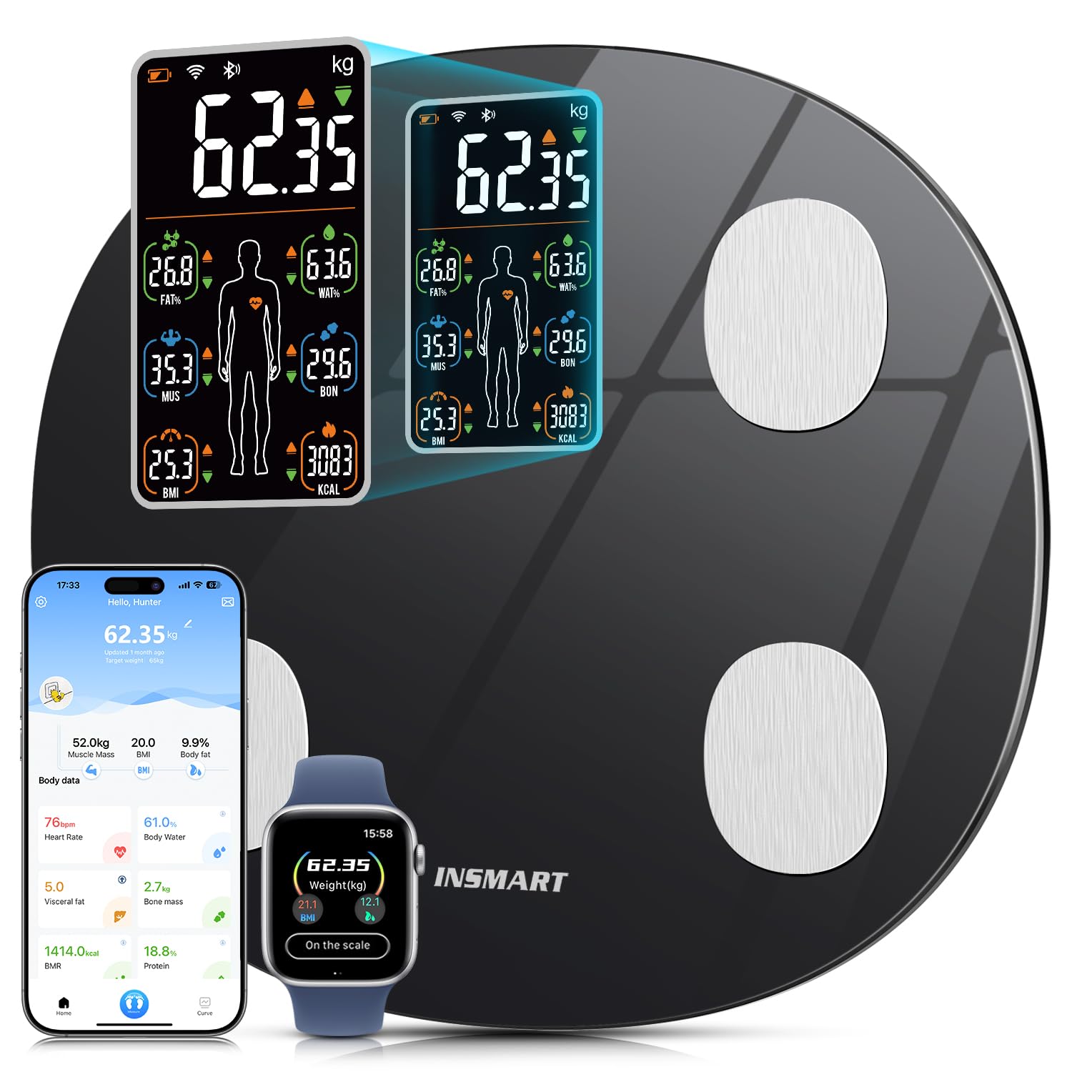 INSMART Báscula de grasa corporal para personas digital con aplicación, báscula Bluetooth para frecuencia cardíaca, grasa corporal, IMC, peso, masa muscular, agua, proteínas, músculos esqueléticos