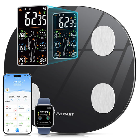INSMART Báscula de grasa corporal para personas digital con aplicación, báscula Bluetooth para frecuencia cardíaca, grasa corporal, IMC, peso, masa muscular, agua, proteínas, músculos esqueléticos