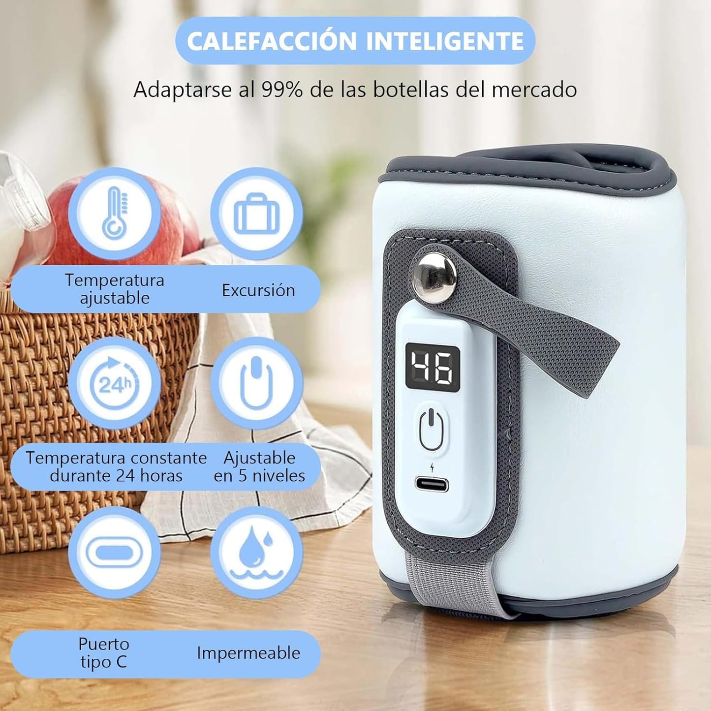 UTRHHVS Calentador de biberones portátil,Bolsa para calentar biberones USB,Pantalla LCD calentamiento rápido,Mantiene Leche del Bebé Caliente,Adecuado para Viajes Largos y para su Uso Sobre Marcha