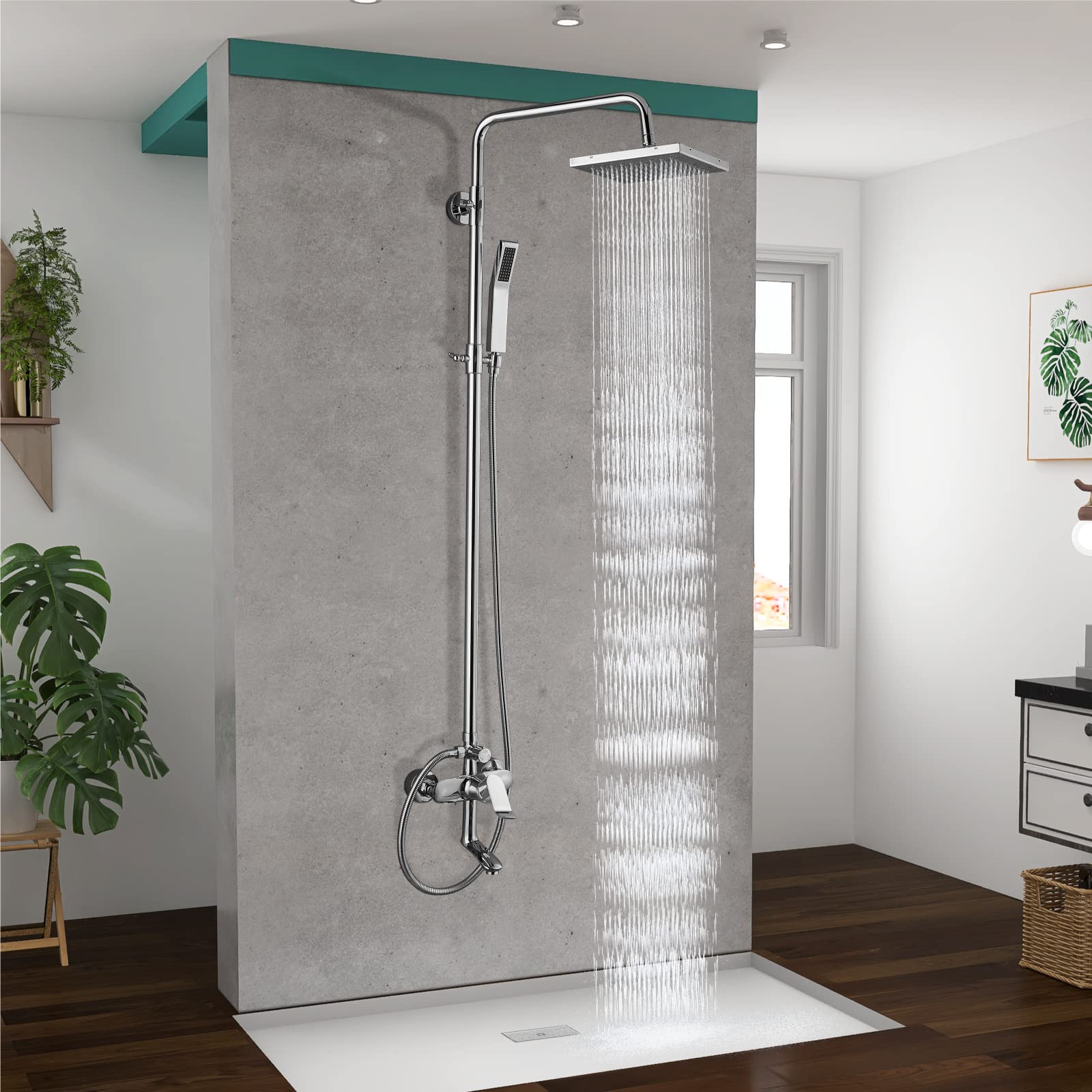 Heyalan - Sistema de ducha expuesto chapado en cromo pulido 3 funciones, juego de llave de ducha de baño cuadrado de 8 pulgadas, cabezal de ducha de lluvia, montaje en pared, juego de 8 duchas