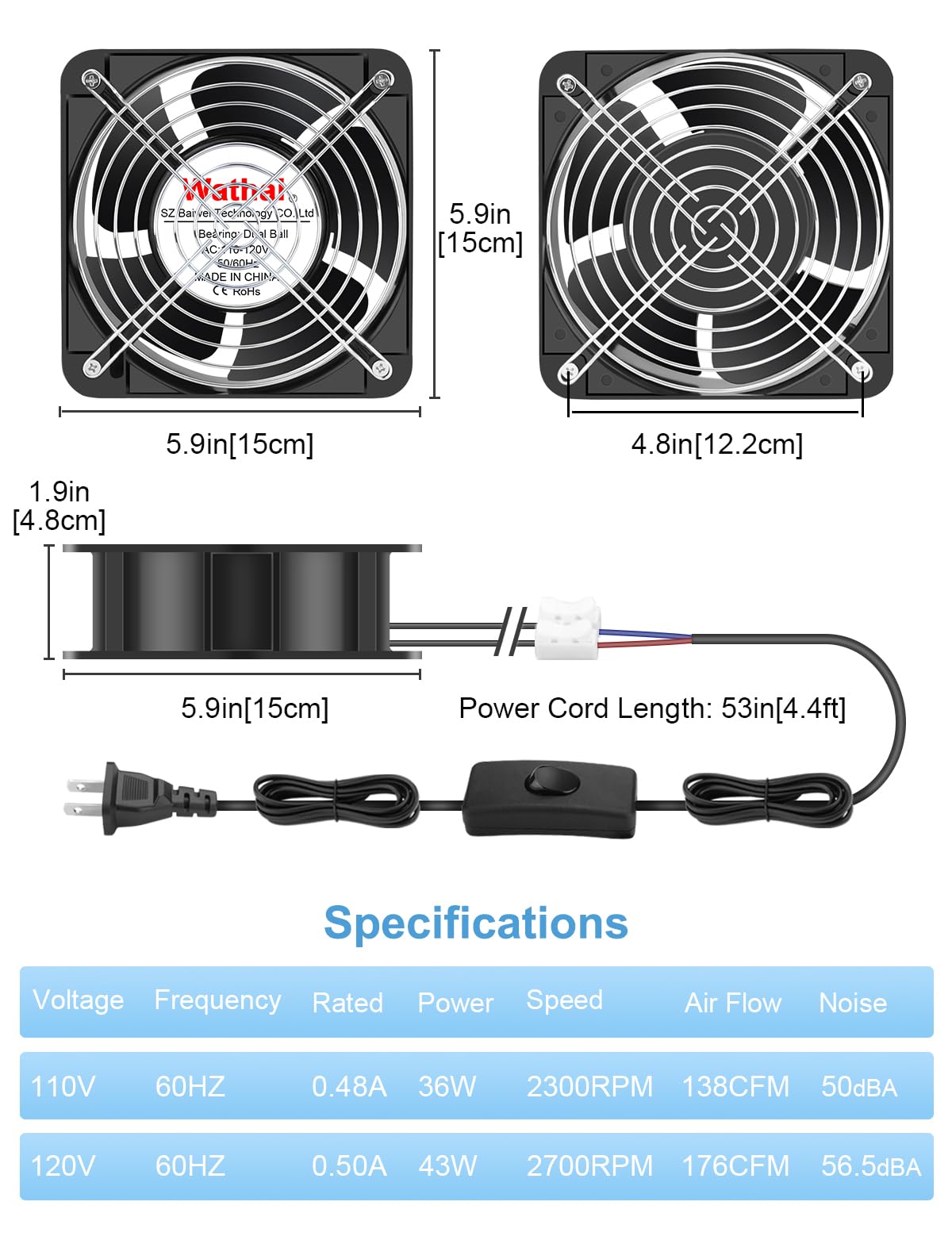 Ventilador AC Wathai Alto Flujo de Aire 15050 mm x 50 mm Ventilación de Escape