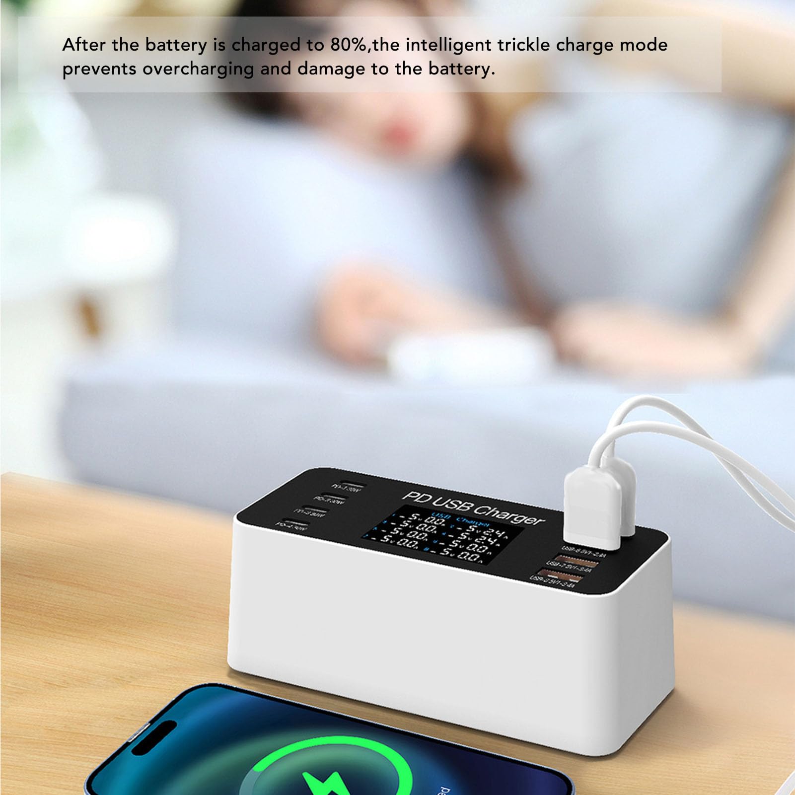 ciciglow Cargador USB, Estación de Carga USB de 8 Puertos de 65 W, Cargador de Concentrador USB Multipuerto, Pantalla LCD de Tamaño Compacto, Compatible con Auriculares Bluetooth para