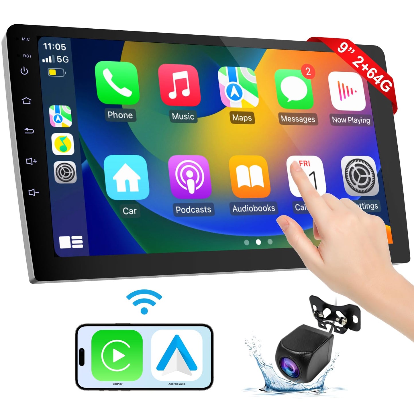 Carplay - visualización portátil para coche, coche de 9 pulgadas, inalámbrica CarPlay y Android Auto, cámara de respaldo, estéreo de coche doble din, navegación GPS, ZLink, receptores de audio