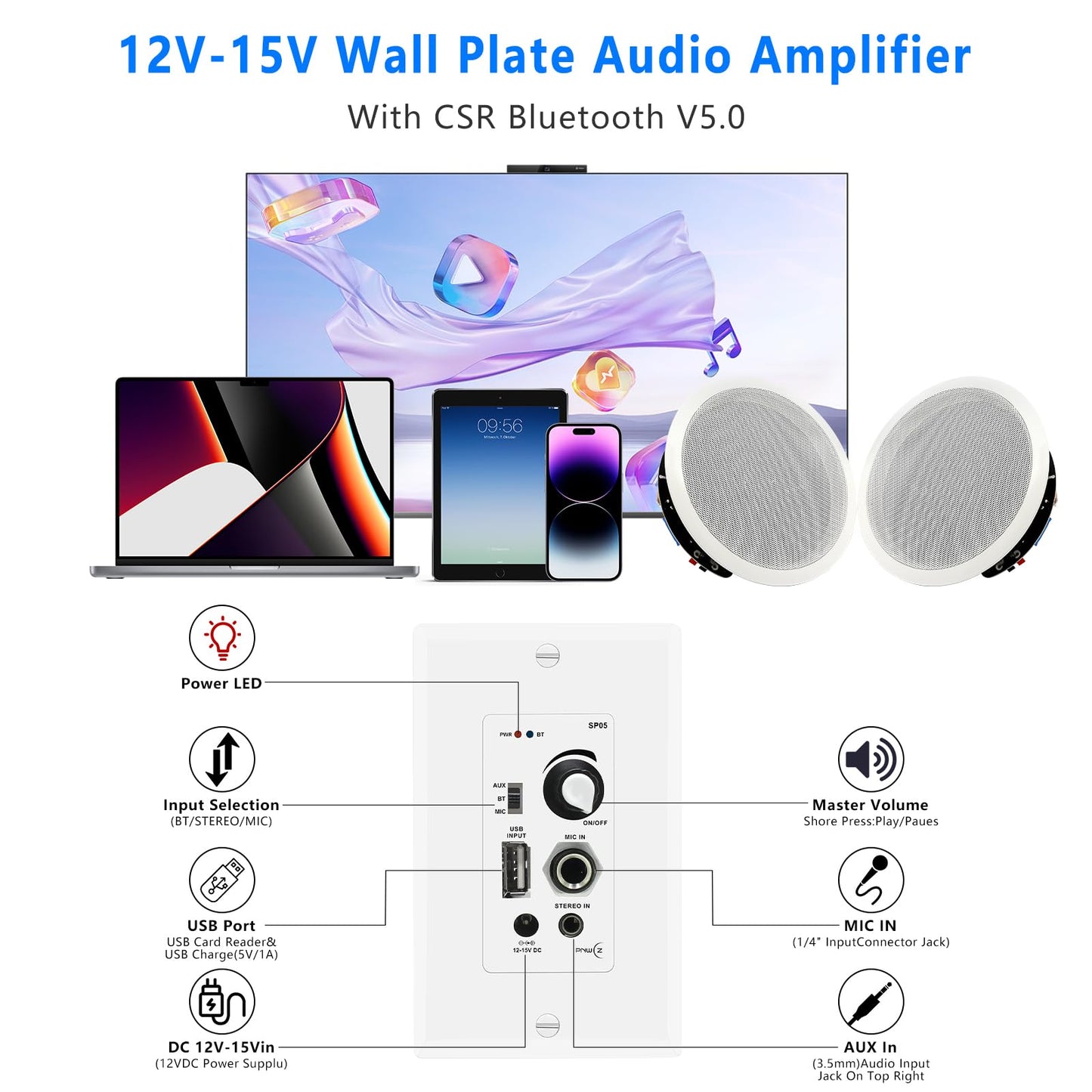 PNWCZ - Altavoces Bluetooth en el techo de 6.5 pulgadas en la pared, 600 W, sistema de altavoces de montaje empotrado de 2 vías con receptor amplificador de pared para cine en casa, oficina, baño,