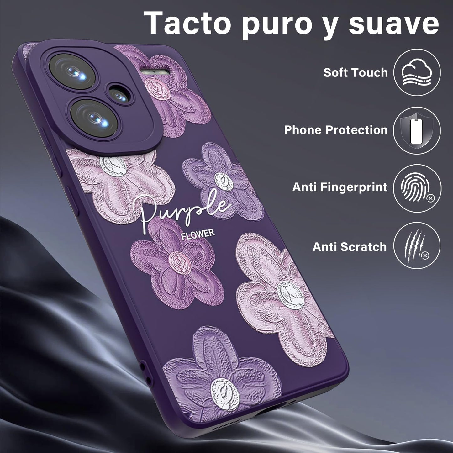 Threehao Funda para Xiaomi Redmi Note 13 Pro Plus 5G Case Uso Rudo, Ultra Delgado Flexible Morada Suave TPU Silicona Carcasa con Moda Aesthetic Dibujos Flores, Antigolpes Anti-arañazos Protectora