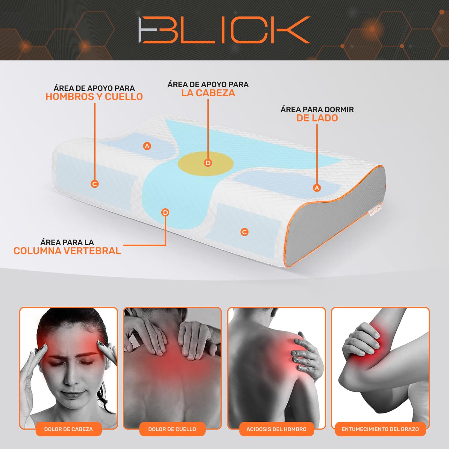 Blick Almohada Ortopedica Memory Foam con Diseño Ergonomico Altura Ajustable y Antialergico