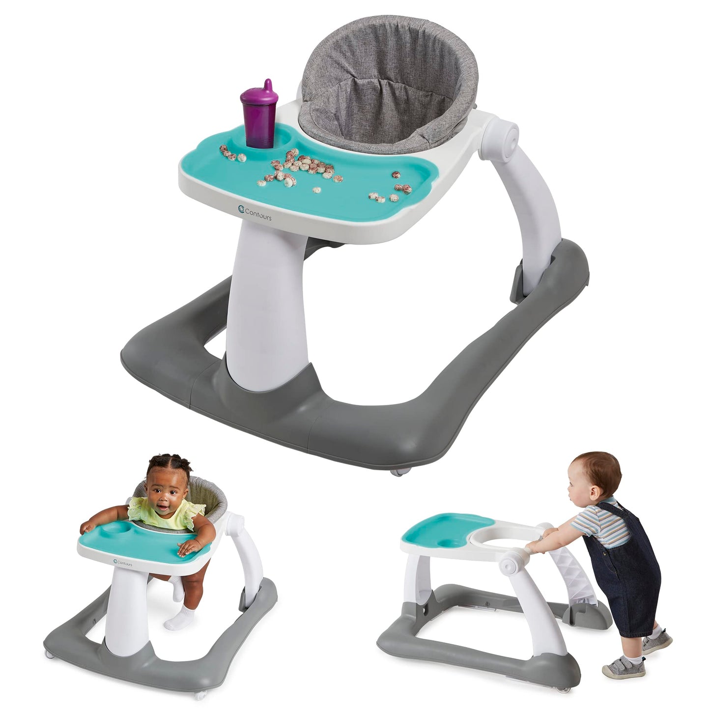 Contours Graze 2 en 1 - Caminante plegable para bebés y bebés, diseño sentado o caminando, almohadilla de asiento extraíble y lavable y bandeja de aperitivos, almohadilla de asiento ajustable en