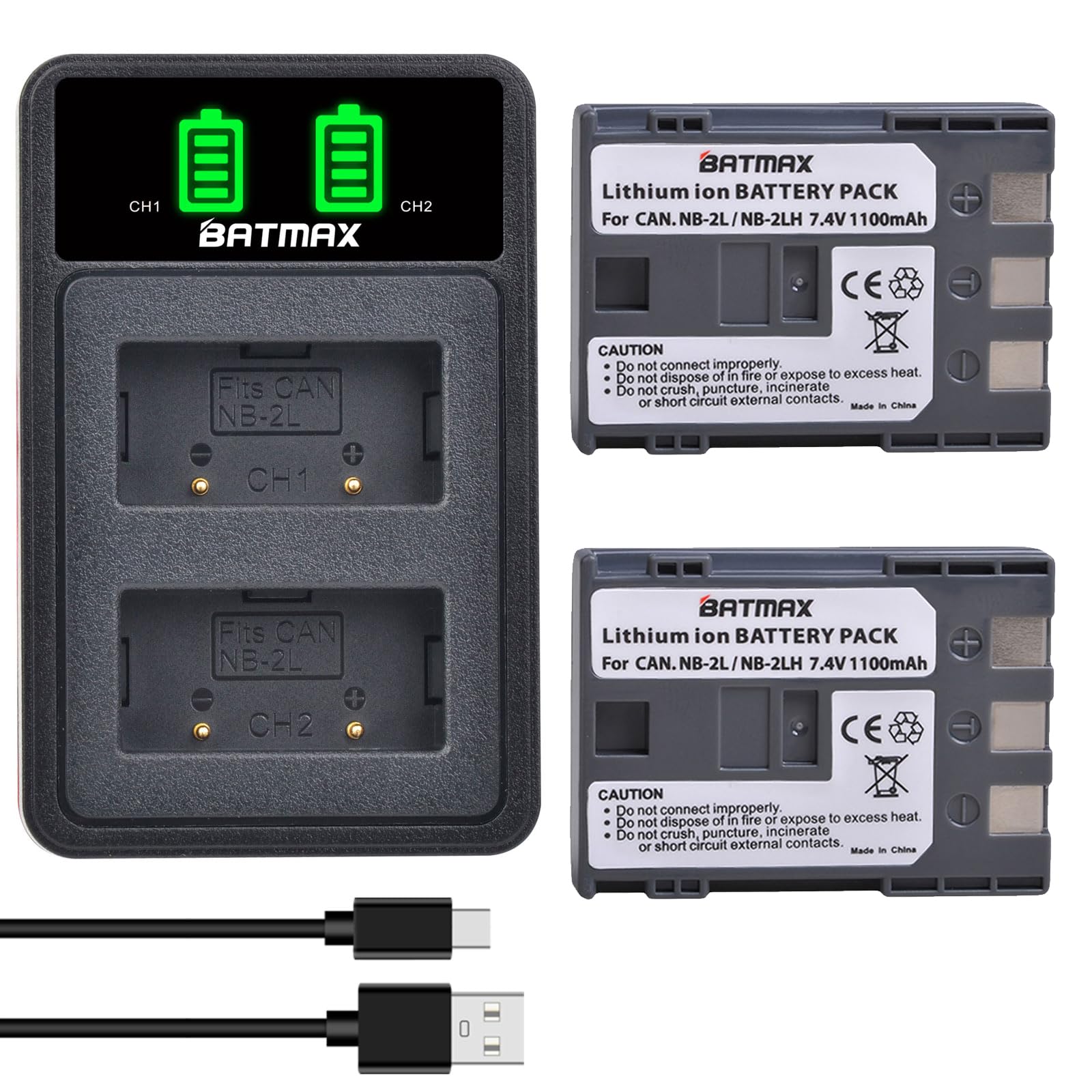 Batmax 2Pcs NB-2L NB-2LH Battery + Built-in USB LED Charger for Canon PowerShot G7 G9 S80 S70 S60 S50 S45 S40 S30, Canon DC410 DC420 EOS 350D 400D Digital Rebel XT XTi, VIXIA HF R10